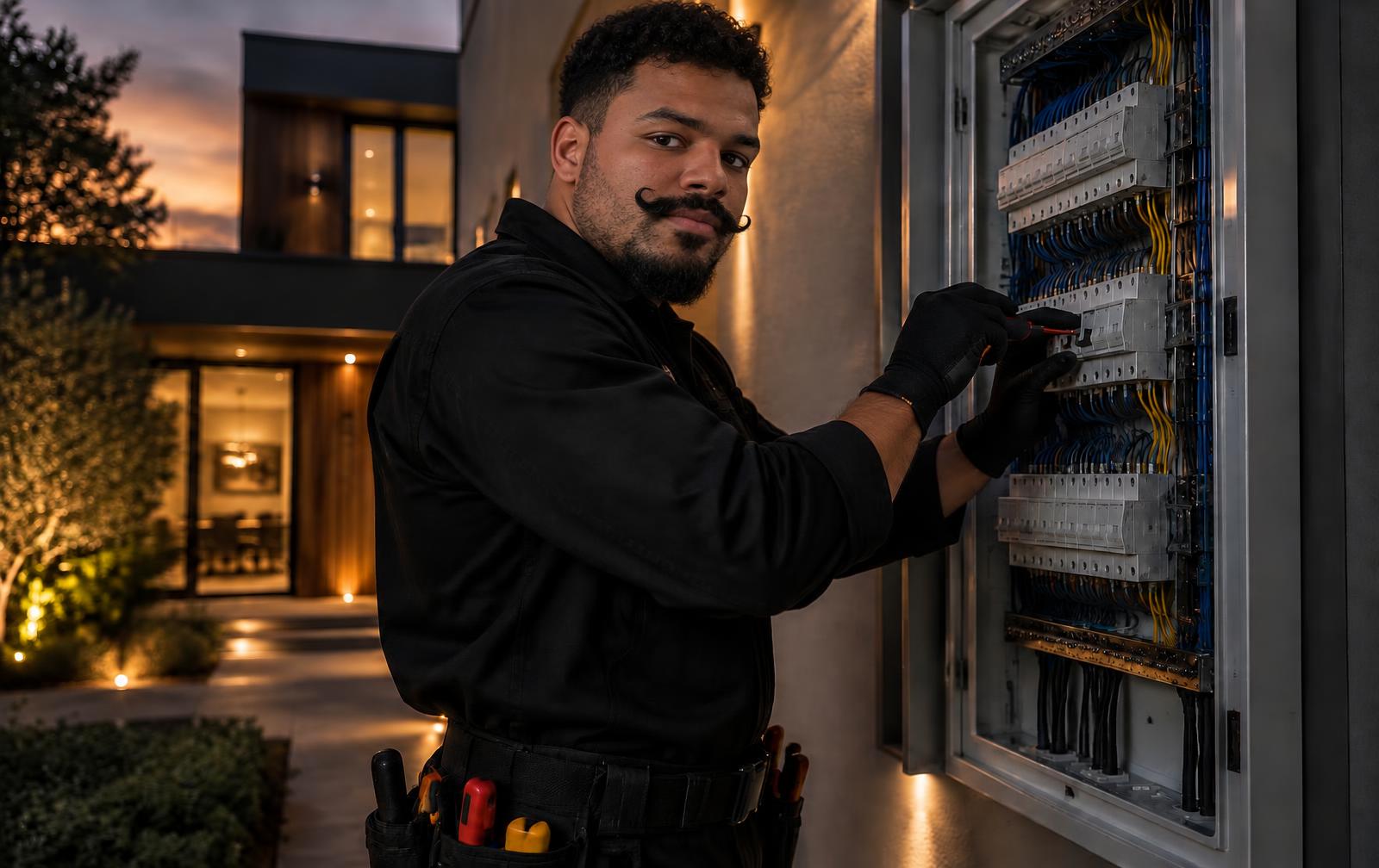 Eletricista profissional trabalhando em quadro de distribuição